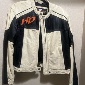 Vintage Harley-Davidson Cream and Black Leather Jacket with Orange HD